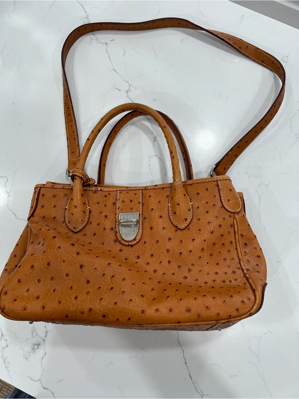 Dooney & Bourke Satchel Caramel Brown Ostrich Embossed Turn Lock Zip